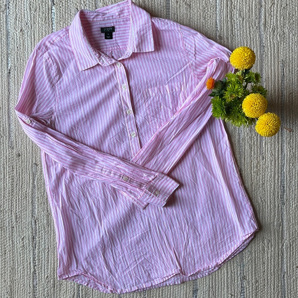 J CREW pink striped shirt blouse medium buttons cotton tunic - Picture 4 of 5